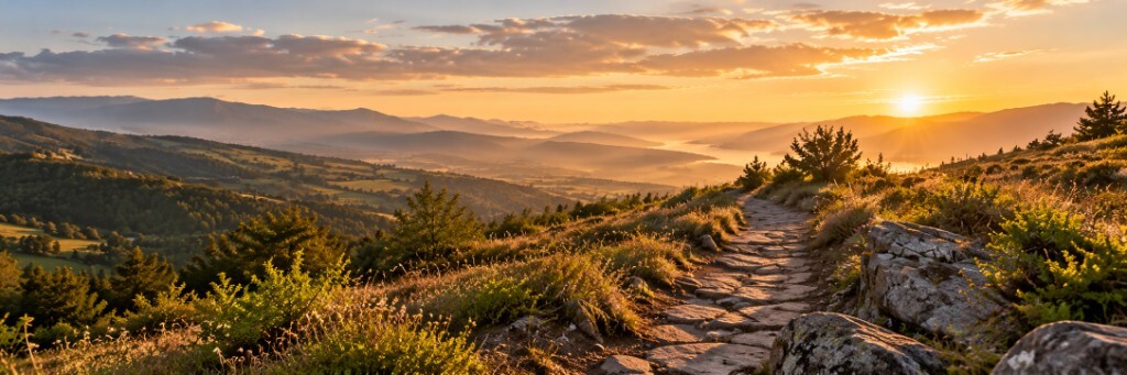 A stone path across open hills at sunset
